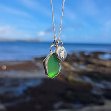 Load image into Gallery viewer, Emerald Green Sea Glass &amp; Crossbones Pebble Necklace | Cornish Sea Glass Treasure Necklace
