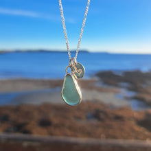 Load image into Gallery viewer, Teal Sea Glass &amp; Recycled Silver Love Hearts Necklace | Cornish Sea Glass Treasure Necklace
