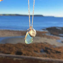 Load image into Gallery viewer, Aquamarine Sea Glass &amp; Radiant Heart Pebble Necklace | Cornish Sea Glass Treasure Necklace

