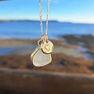 Frosted White Sea Glass & Radiant Heart Pebble Necklace | Cornish Sea Glass Treasure Necklace