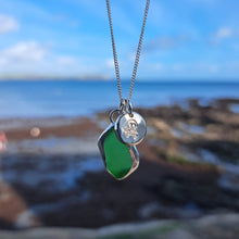 Load image into Gallery viewer, Emerald Green Sea Glass &amp; Crossbones Pebble Necklace | Cornish Sea Glass Treasure Necklace
