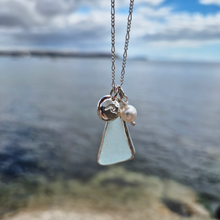 Load image into Gallery viewer, Aqua Sea Glass, Freshwater Pearl &amp; Crashing Wave Pebble Necklace | Cornish Sea Glass Treasure Necklace
