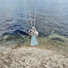 Load image into Gallery viewer, Aqua Sea Glass, Freshwater Pearl &amp; Crashing Wave Pebble Necklace | Cornish Sea Glass Treasure Necklace
