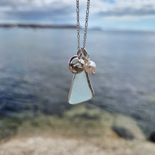 Load image into Gallery viewer, Aqua Sea Glass, Freshwater Pearl &amp; Crashing Wave Pebble Necklace | Cornish Sea Glass Treasure Necklace
