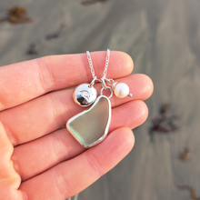 Load image into Gallery viewer, Aqua Sea Glass, Freshwater Pearl &amp; Crashing Wave Pebble Necklace | Cornish Sea Glass Treasure Necklace
