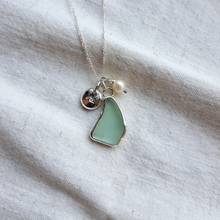 Load image into Gallery viewer, Aqua Sea Glass, Freshwater Pearl &amp; Crashing Wave Pebble Necklace | Cornish Sea Glass Treasure Necklace
