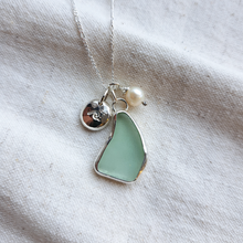 Load image into Gallery viewer, Aqua Sea Glass, Freshwater Pearl &amp; Crashing Wave Pebble Necklace | Cornish Sea Glass Treasure Necklace
