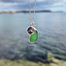 Load image into Gallery viewer, Mini Green Sea Glass &amp; Crashing Wave Pebble Necklace | Cornish Sea Glass Treasure Necklace
