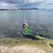 Load image into Gallery viewer, Mini Green Sea Glass &amp; Crashing Wave Pebble Necklace | Cornish Sea Glass Treasure Necklace
