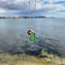 Load image into Gallery viewer, Mini Green Sea Glass &amp; Crashing Wave Pebble Necklace | Cornish Sea Glass Treasure Necklace
