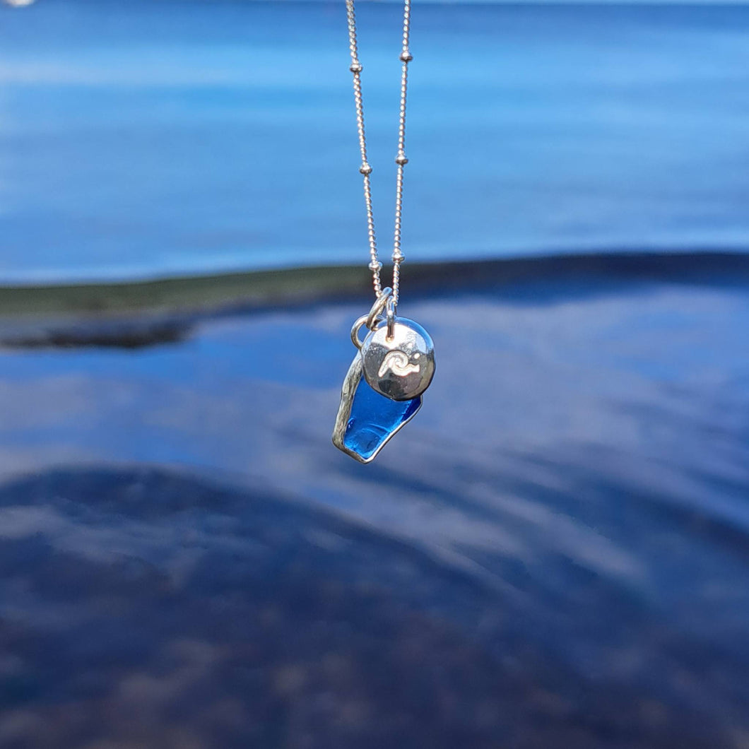 Sapphire Blue Sea Glass & Wave Pebble Necklace | Cornish Sea Glass Treasure Necklace