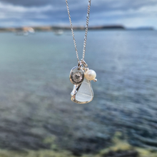 Load image into Gallery viewer, Frosted White Sea Glass, Freshwater Pearl &amp; Radiant Heart Pebble Necklace | Cornish Sea Glass Treasure Necklace
