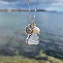 Load image into Gallery viewer, Frosted White Sea Glass, Freshwater Pearl &amp; Radiant Heart Pebble Necklace | Cornish Sea Glass Treasure Necklace
