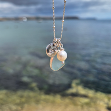 Load image into Gallery viewer, Small Aqua Sea Glass, Freshwater Pearl &amp; Double Heart Pebble Necklace | Cornish Sea Glass Treasure Necklace
