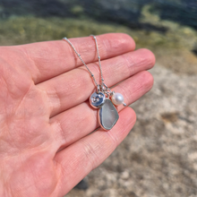 Load image into Gallery viewer, Small Aqua Sea Glass, Freshwater Pearl &amp; Double Heart Pebble Necklace | Cornish Sea Glass Treasure Necklace
