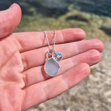 Load image into Gallery viewer, Light Blue Sea Glass &amp; Crashing Wave Pebble Necklace | Cornish Sea Glass Treasure Necklace

