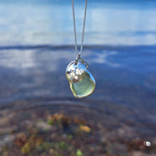 Load image into Gallery viewer, Sea Green Sea Glass &amp; Flying Birds Pebble Necklace | Cornish Sea Glass Treasure Necklace
