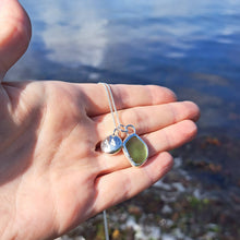 Load image into Gallery viewer, Sea Green Sea Glass &amp; Flying Birds Pebble Necklace | Cornish Sea Glass Treasure Necklace
