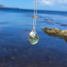 Load image into Gallery viewer, Sea Green Sea Glass &amp; Flying Birds Pebble Necklace | Cornish Sea Glass Treasure Necklace
