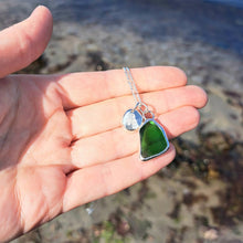 Load image into Gallery viewer, Bottle Green Sea Glass &amp; Crossbones Pebble Necklace | Cornish Sea Glass Treasure Necklace
