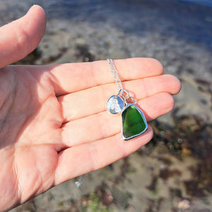 Bottle Green Sea Glass & Crossbones Pebble Necklace | Cornish Sea Glass Treasure Necklace