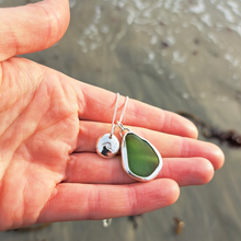 Load image into Gallery viewer, Emerald Green Sea Glass &amp; Crashing Wave Pebble Necklace | Cornish Sea Glass Treasure Necklace
