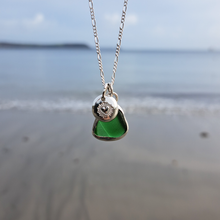 Load image into Gallery viewer, Bottle Green Sea Glass &amp; Radiant Heart Pebble Necklace | Cornish Sea Glass Treasure Necklace
