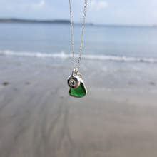 Load image into Gallery viewer, Bottle Green Sea Glass &amp; Radiant Heart Pebble Necklace | Cornish Sea Glass Treasure Necklace
