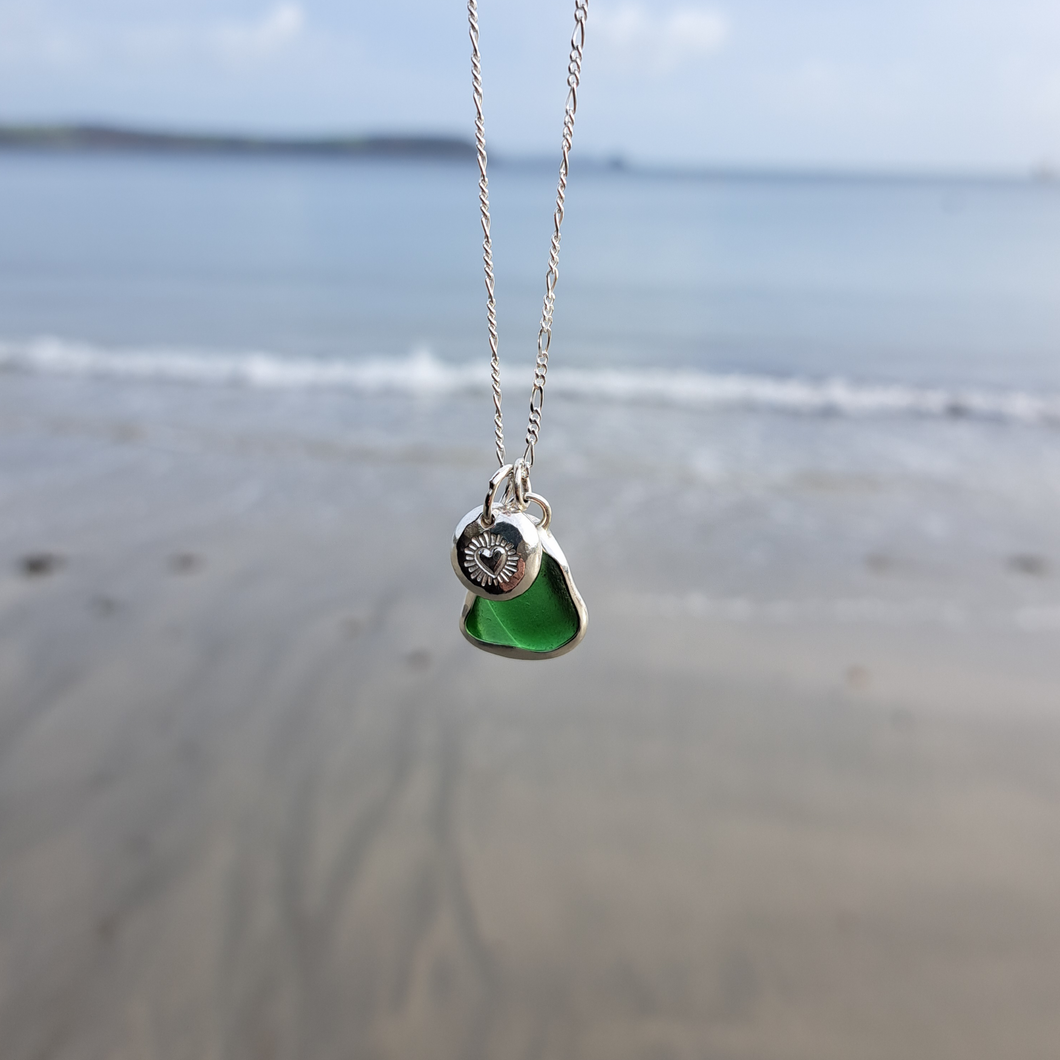 Bottle Green Sea Glass & Radiant Heart Pebble Necklace | Cornish Sea Glass Treasure Necklace