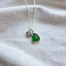 Load image into Gallery viewer, Bottle Green Sea Glass &amp; Radiant Heart Pebble Necklace | Cornish Sea Glass Treasure Necklace
