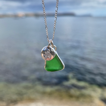 Load image into Gallery viewer, Emerald Green Sea Glass with Skull &amp; Crossbones Pebble Necklace | Cornish Sea Glass Treasure Necklace

