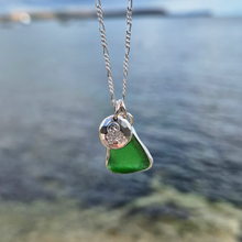 Load image into Gallery viewer, Emerald Green Sea Glass with Skull &amp; Crossbones Pebble Necklace | Cornish Sea Glass Treasure Necklace
