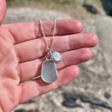 Load image into Gallery viewer, Aqua Sea Glass &amp; Shining Heart Pebble Necklace | Cornish Sea Glass Treasure Necklace
