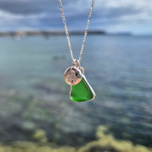 Load image into Gallery viewer, Emerald Green Sea Glass with Skull &amp; Crossbones Pebble Necklace | Cornish Sea Glass Treasure Necklace
