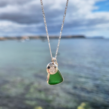 Load image into Gallery viewer, Emerald Green Sea Glass with Skull &amp; Crossbones Pebble Necklace | Cornish Sea Glass Treasure Necklace
