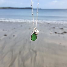 Load image into Gallery viewer, Mini Bottle Green Sea Glass &amp; Love Heart Pebble Necklace | Cornish Sea Glass Treasure Necklace
