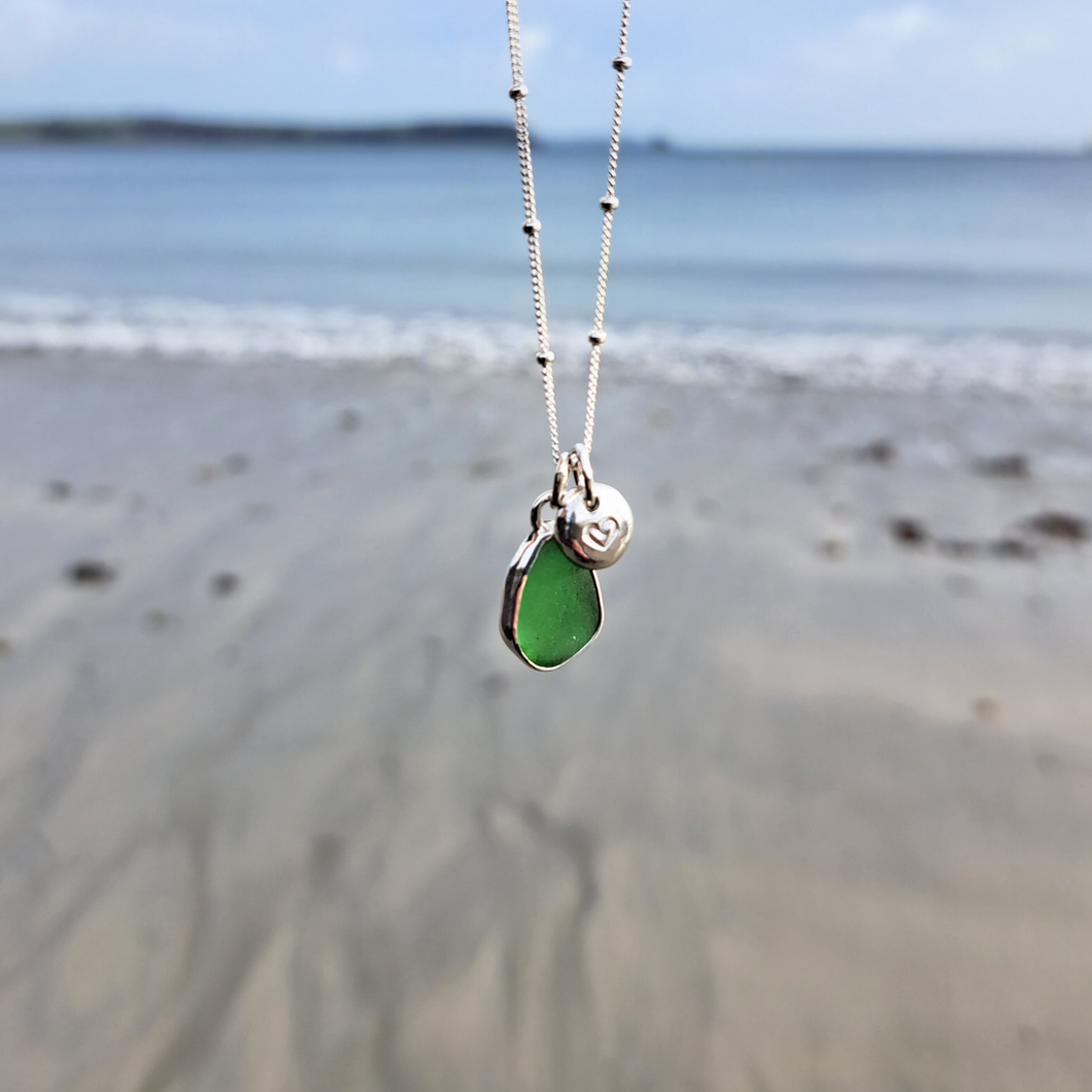 Mini Bottle Green Sea Glass & Love Heart Pebble Necklace | Cornish Sea Glass Treasure Necklace
