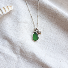 Load image into Gallery viewer, Mini Bottle Green Sea Glass &amp; Love Heart Pebble Necklace | Cornish Sea Glass Treasure Necklace
