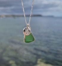 Load and play video in Gallery viewer, Emerald Green Sea Glass with Skull &amp; Crossbones Pebble Necklace | Cornish Sea Glass Treasure Necklace
