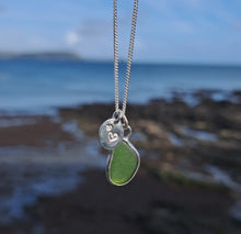 Load and play video in Gallery viewer, Mini Bottle Green Sea Glass &amp; Recycled Silver Love Hearts Necklace | Cornish Sea Glass Treasure Necklace
