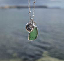 Load and play video in Gallery viewer, Mini Green Sea Glass &amp; Crashing Wave Pebble Necklace | Cornish Sea Glass Treasure Necklace
