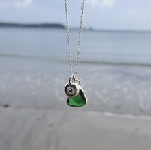 Load and play video in Gallery viewer, Bottle Green Sea Glass &amp; Radiant Heart Pebble Necklace | Cornish Sea Glass Treasure Necklace
