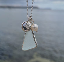 Load and play video in Gallery viewer, Aqua Sea Glass, Freshwater Pearl &amp; Crashing Wave Pebble Necklace | Cornish Sea Glass Treasure Necklace
