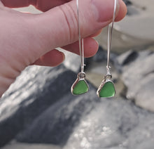 Load and play video in Gallery viewer, Green Cornish Sea Glass &amp; Silver Drop Long Hooks
