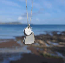 Load and play video in Gallery viewer, Frosted White Sea Glass &amp; Crashing Wave Pebble Necklace | Cornish Sea Glass Treasure Necklace
