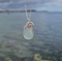 Load and play video in Gallery viewer, Aqua Sea Glass &amp; Shining Heart Pebble Necklace | Cornish Sea Glass Treasure Necklace
