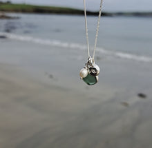 Load and play video in Gallery viewer, Teal Green Sea Glass, Freshwater Pearl &amp; Mini Wave Pebble Necklace | Cornish Sea Glass Treasure Necklace

