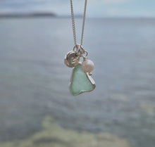 Load and play video in Gallery viewer, Sea Green Sea Glass, Freshwater Pearl &amp; Mini Heart Pebble Necklace | Cornish Sea Glass Treasure Necklace
