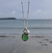 Load and play video in Gallery viewer, Mini Bottle Green Sea Glass &amp; Love Heart Pebble Necklace | Cornish Sea Glass Treasure Necklace

