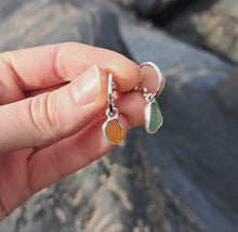 Load and play video in Gallery viewer, Sea Glass Charm Hoops - Small Orange &amp; Blue Mismatch Cornish Sea Glass
